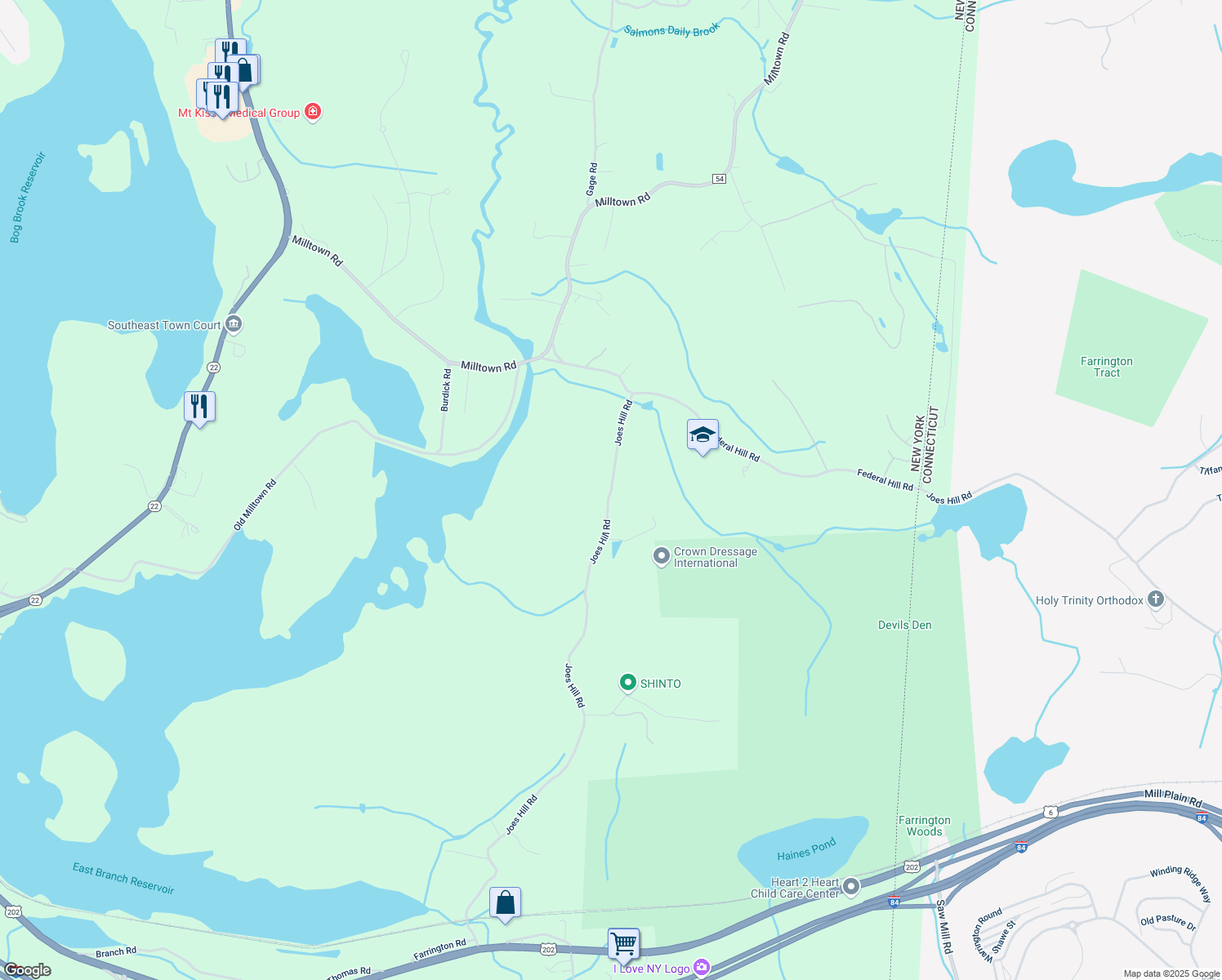 map of restaurants, bars, coffee shops, grocery stores, and more near 285 Joes Hill Road in Brewster