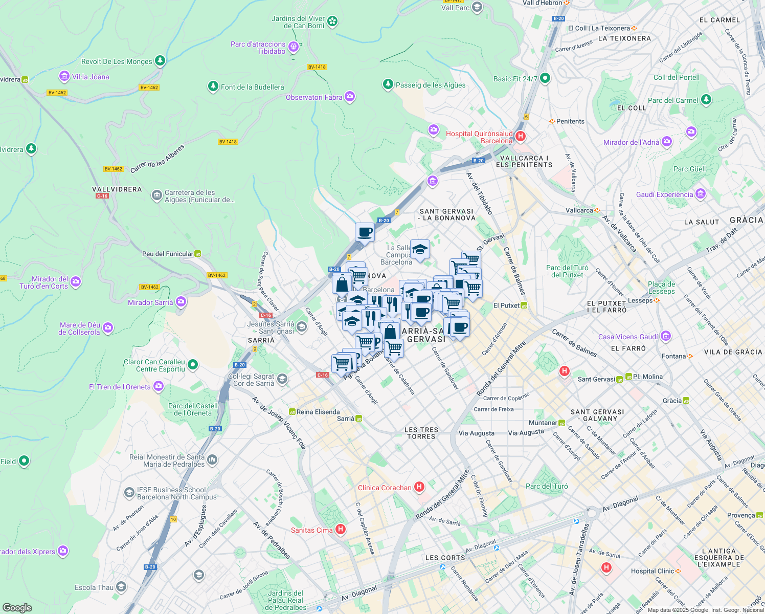 map of restaurants, bars, coffee shops, grocery stores, and more near 17 Carrer de la Marquesa de Vilallonga in Barcelona