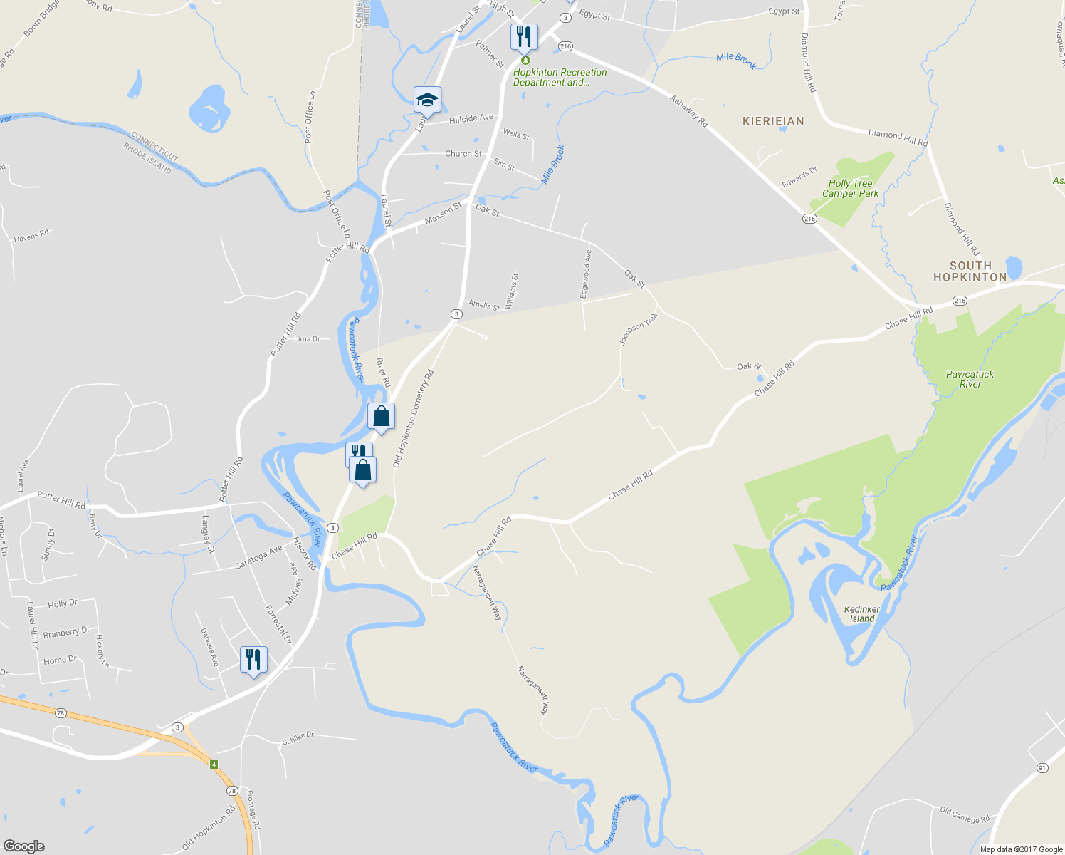 map of restaurants, bars, coffee shops, grocery stores, and more near 23 Jacobson Trail in Hopkinton