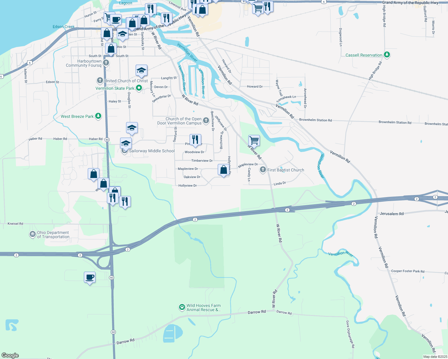map of restaurants, bars, coffee shops, grocery stores, and more near 4679 Hollyview Drive in Vermilion
