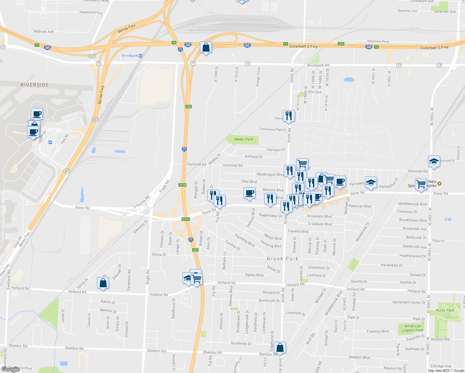 map of restaurants, bars, coffee shops, grocery stores, and more near 16210 Remora Boulevard in Brook Park