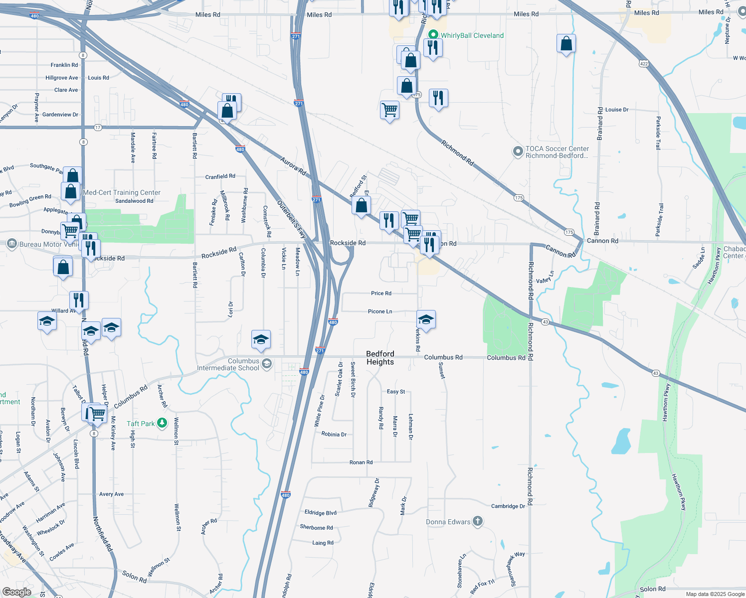 map of restaurants, bars, coffee shops, grocery stores, and more near 24980 Price Road in Bedford Heights