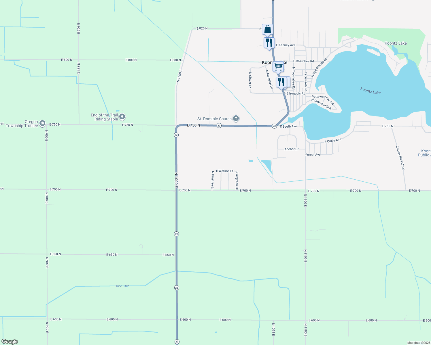map of restaurants, bars, coffee shops, grocery stores, and more near 10255 East Watson Street in Walkerton