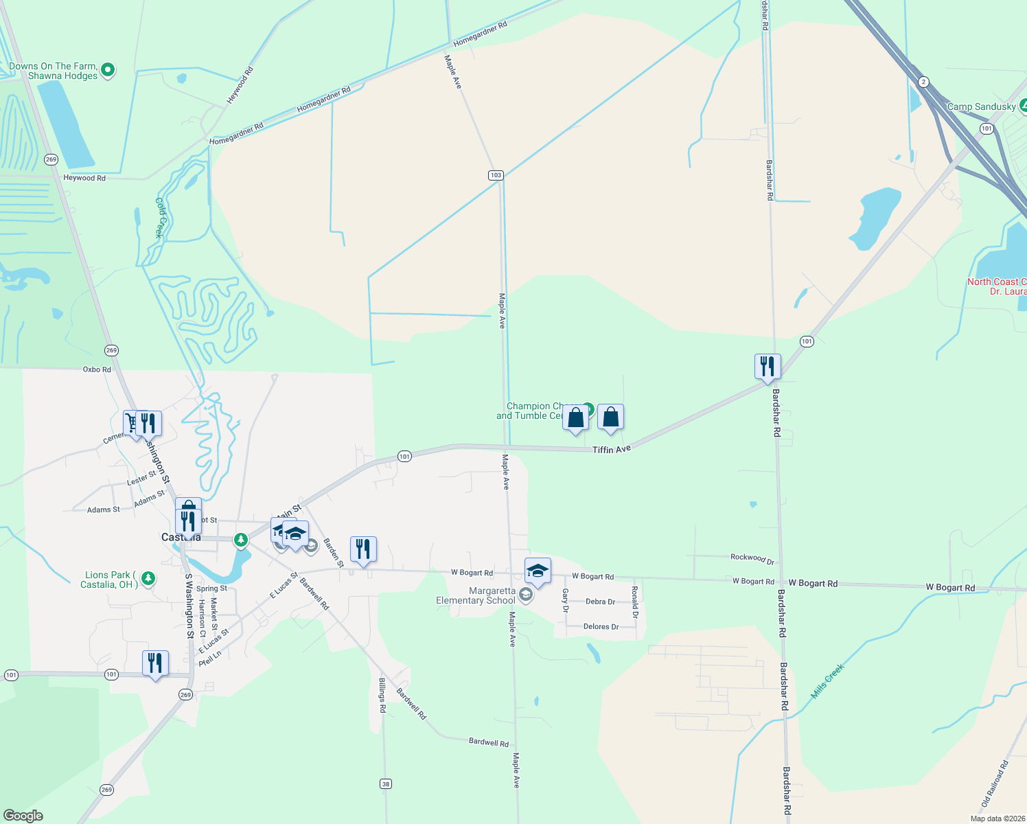 map of restaurants, bars, coffee shops, grocery stores, and more near 3202 Maple Ave in Castalia