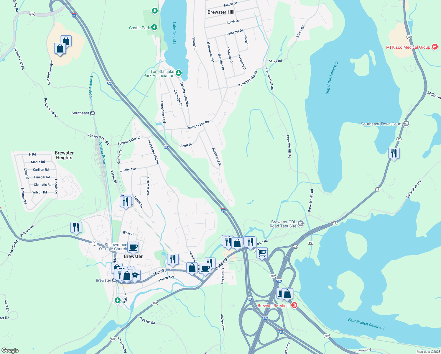 map of restaurants, bars, coffee shops, grocery stores, and more near 406 Village Drive in Brewster