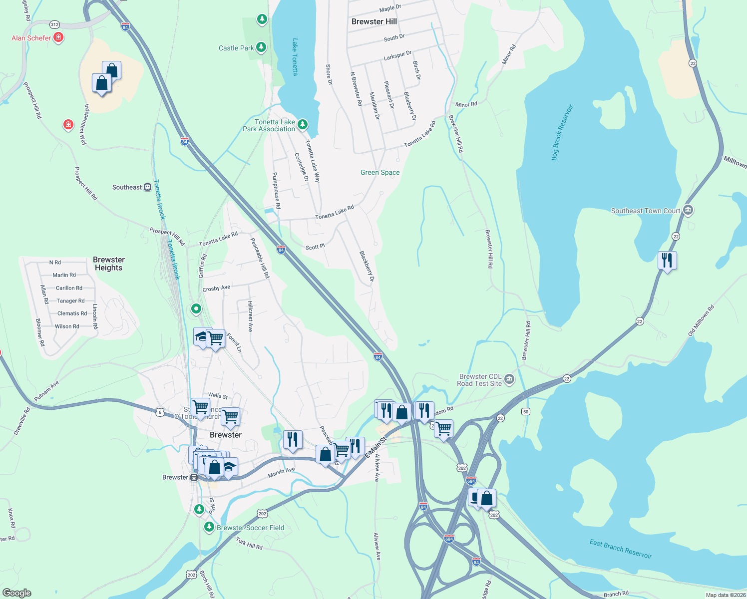 map of restaurants, bars, coffee shops, grocery stores, and more near 12 Village Drive in Brewster