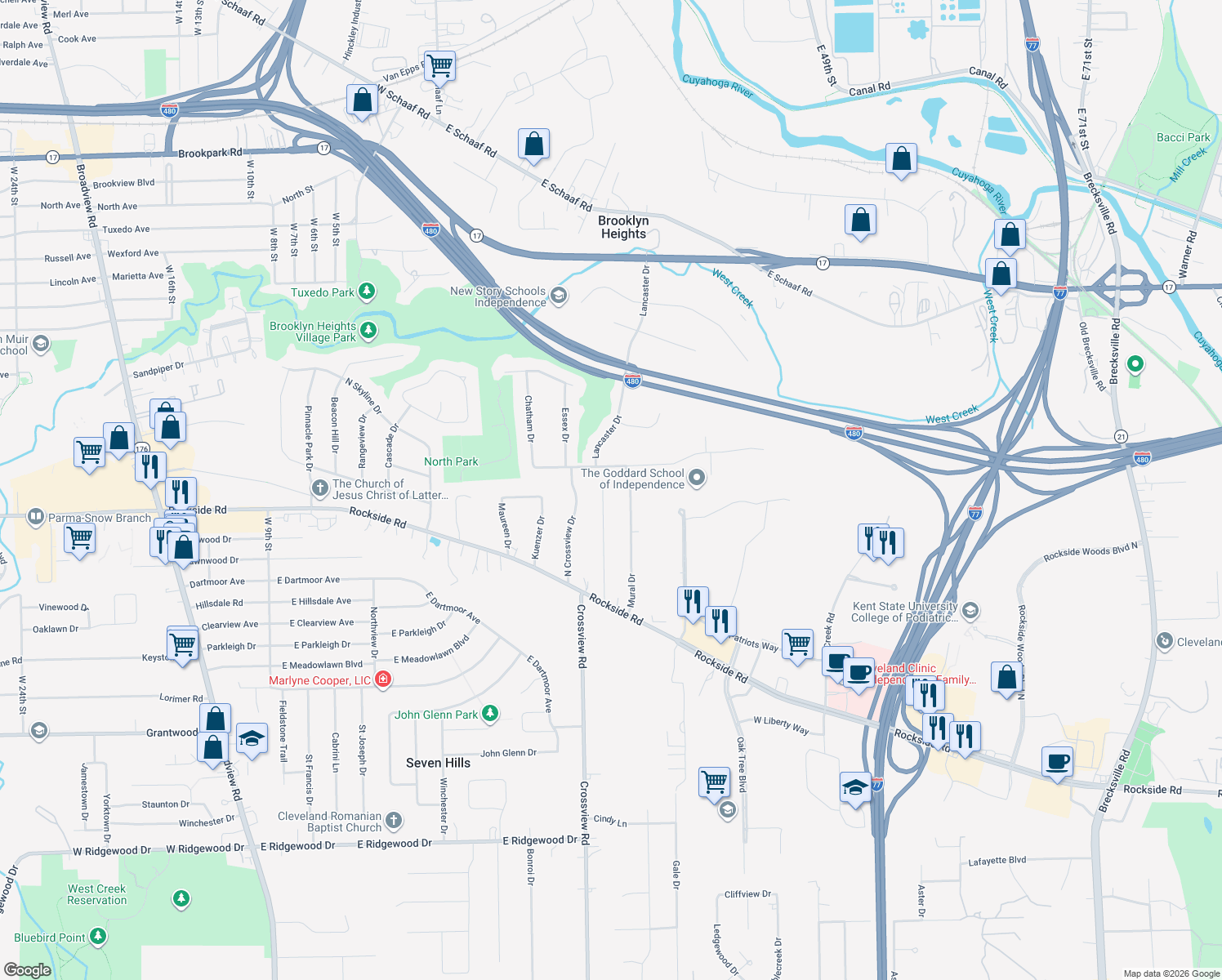 map of restaurants, bars, coffee shops, grocery stores, and more near 5777 Graydon Drive in Seven Hills