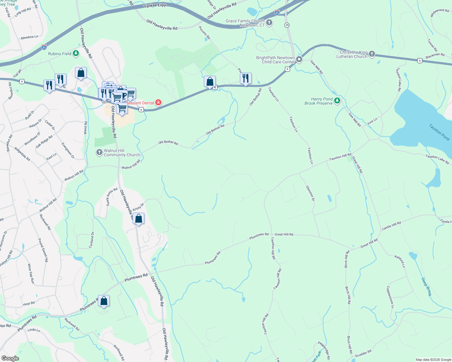 map of restaurants, bars, coffee shops, grocery stores, and more near Wilderness West Road in Newtown
