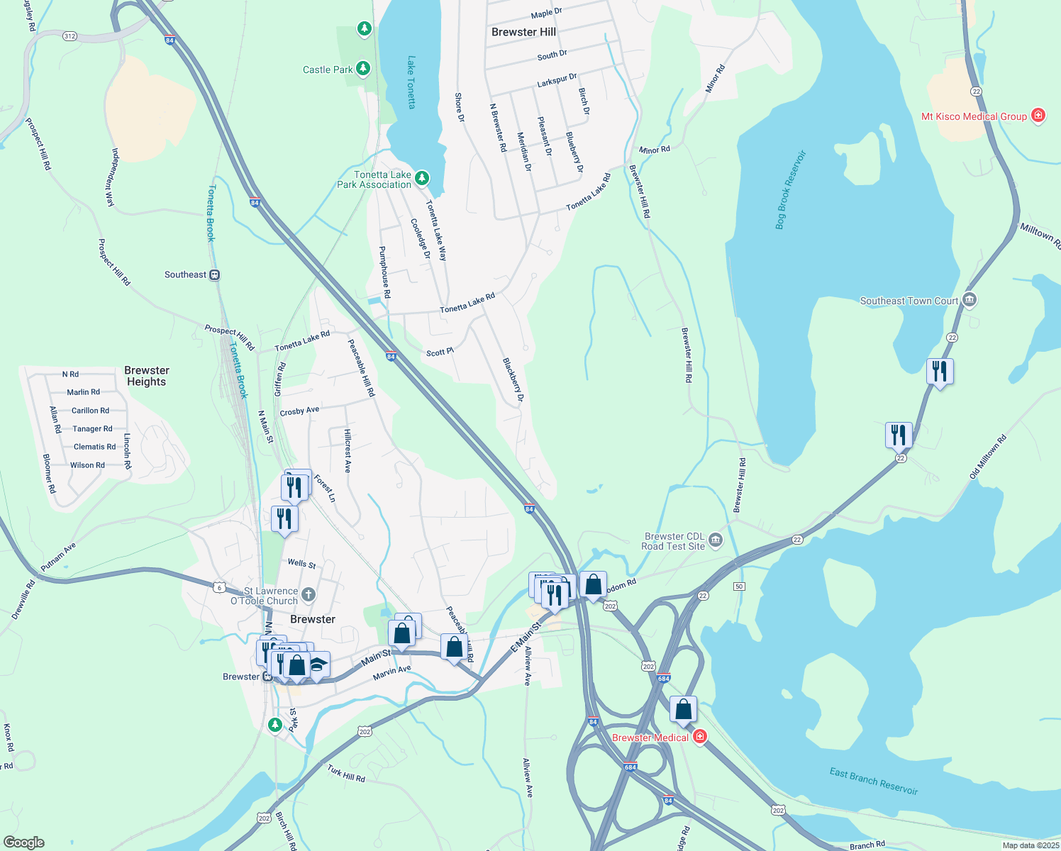 map of restaurants, bars, coffee shops, grocery stores, and more near 406 Village Drive in Brewster