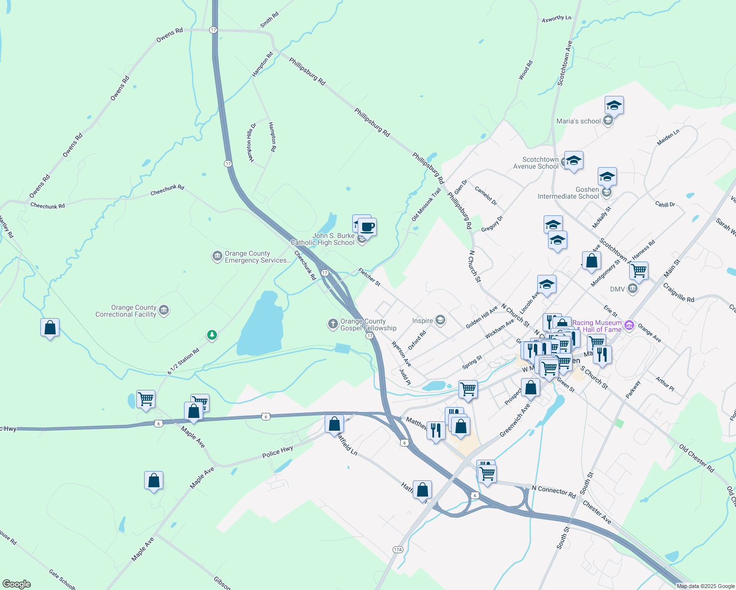 map of restaurants, bars, coffee shops, grocery stores, and more near 135 Old Minisink Trail in Goshen