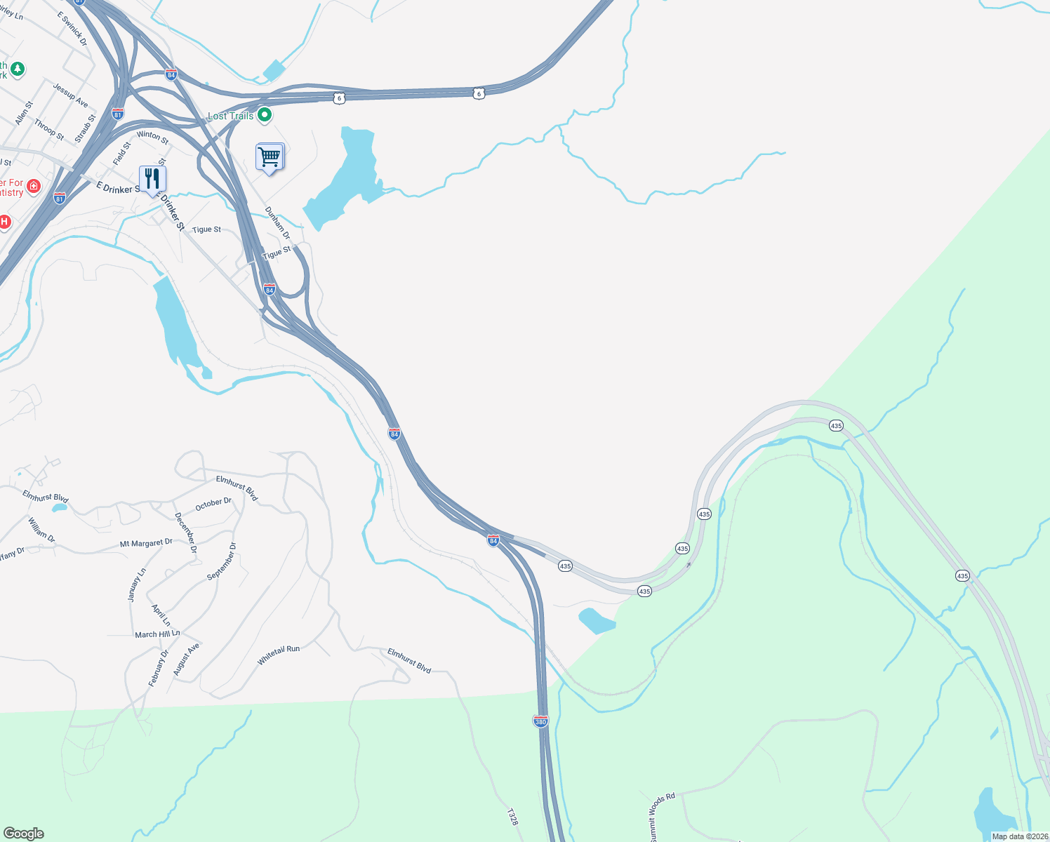 map of restaurants, bars, coffee shops, grocery stores, and more near Interstate 84 in Dunmore