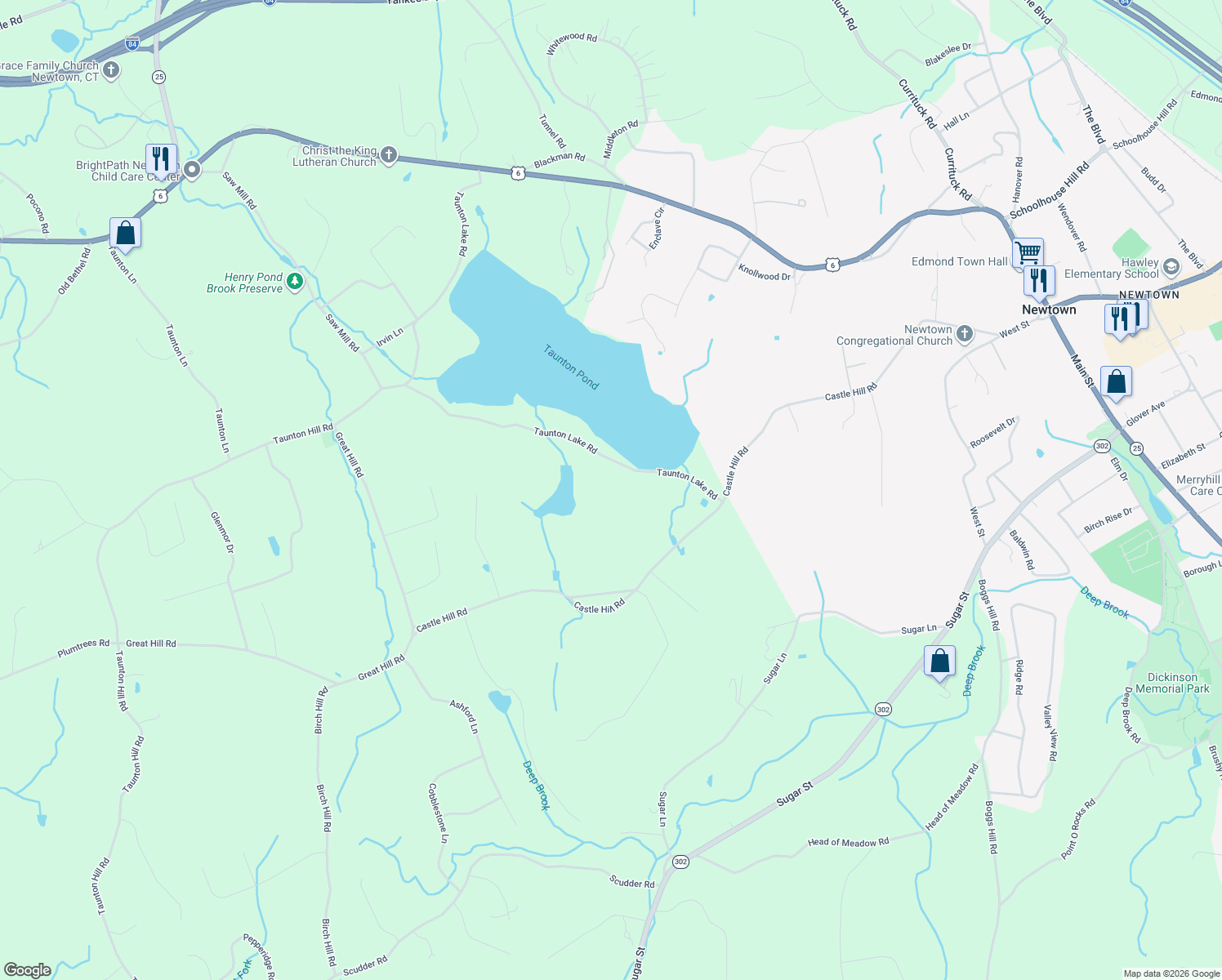 map of restaurants, bars, coffee shops, grocery stores, and more near 80 Taunton Lake Road in Newtown
