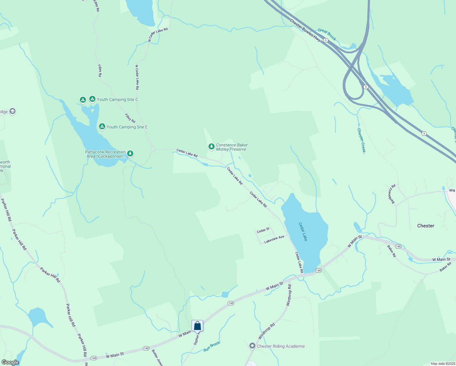 map of restaurants, bars, coffee shops, grocery stores, and more near 75 Cedar Lake Road in Chester
