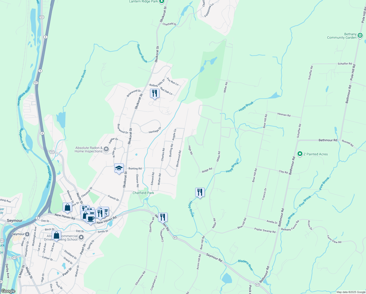 map of restaurants, bars, coffee shops, grocery stores, and more near 6 Anne Avenue in Seymour