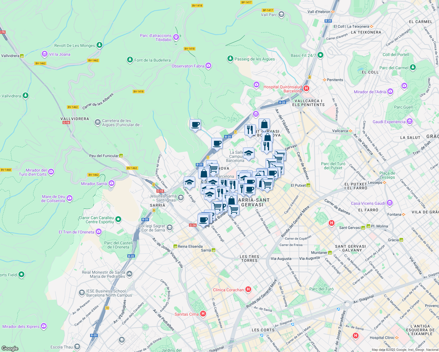 map of restaurants, bars, coffee shops, grocery stores, and more near 17 Carrer de la Marquesa de Vilallonga in Barcelona