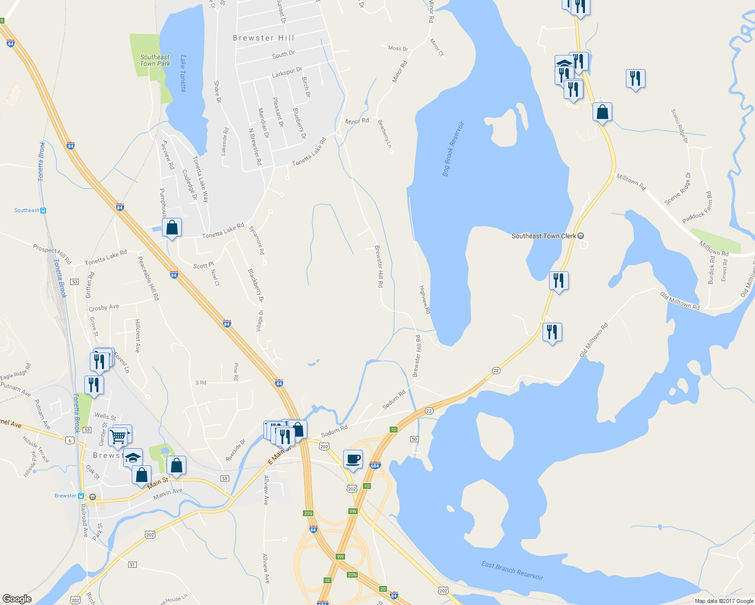 map of restaurants, bars, coffee shops, grocery stores, and more near 91 Brewster Hill Road in Brewster