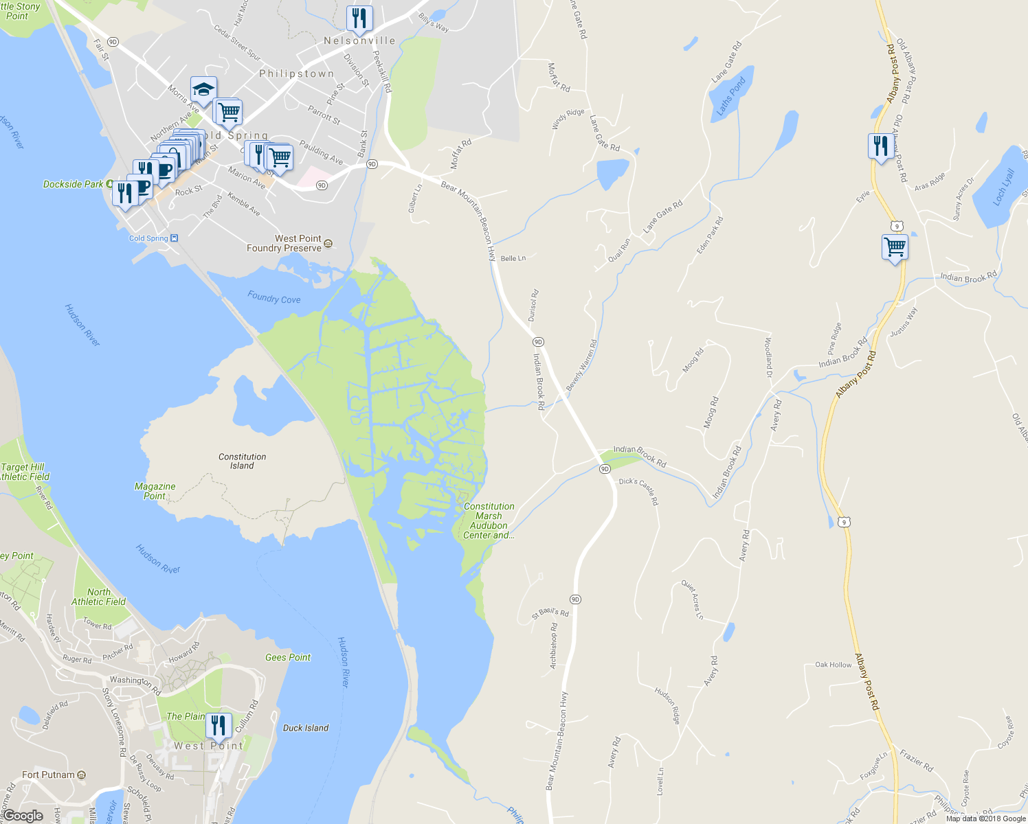 map of restaurants, bars, coffee shops, grocery stores, and more near 39 Indian Brook Road in Philipstown