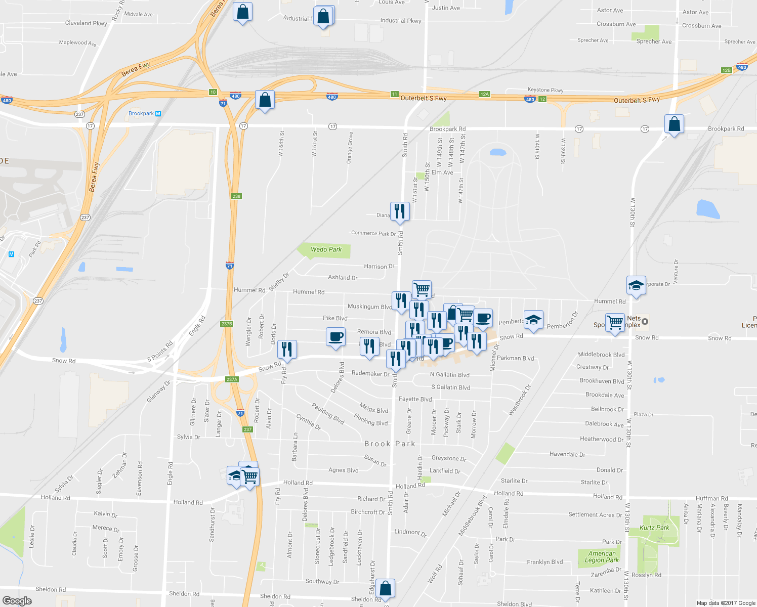 map of restaurants, bars, coffee shops, grocery stores, and more near 15424 Muskingum Boulevard in Brook Park