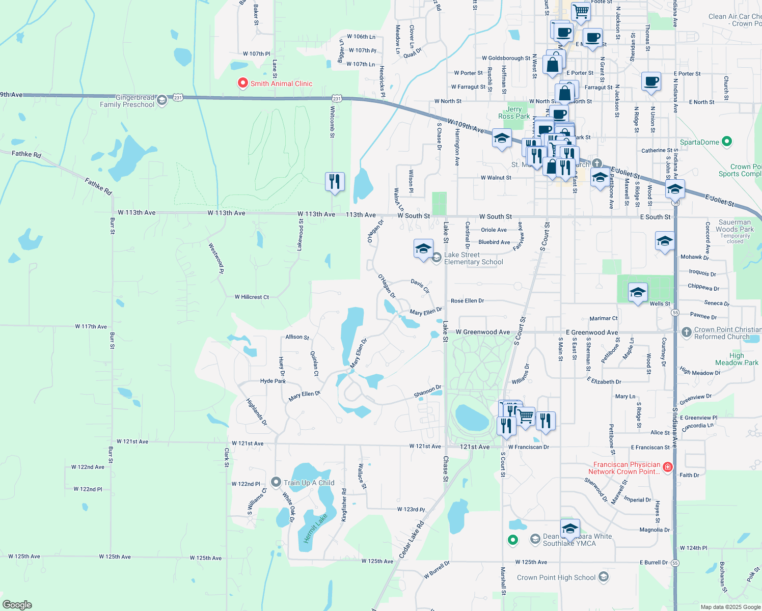 map of restaurants, bars, coffee shops, grocery stores, and more near 669 Davis Cir in Crown Point