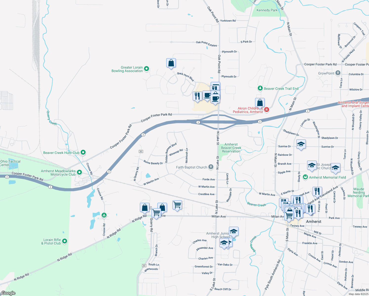 map of restaurants, bars, coffee shops, grocery stores, and more near 500 McIntosh Lane in Amherst