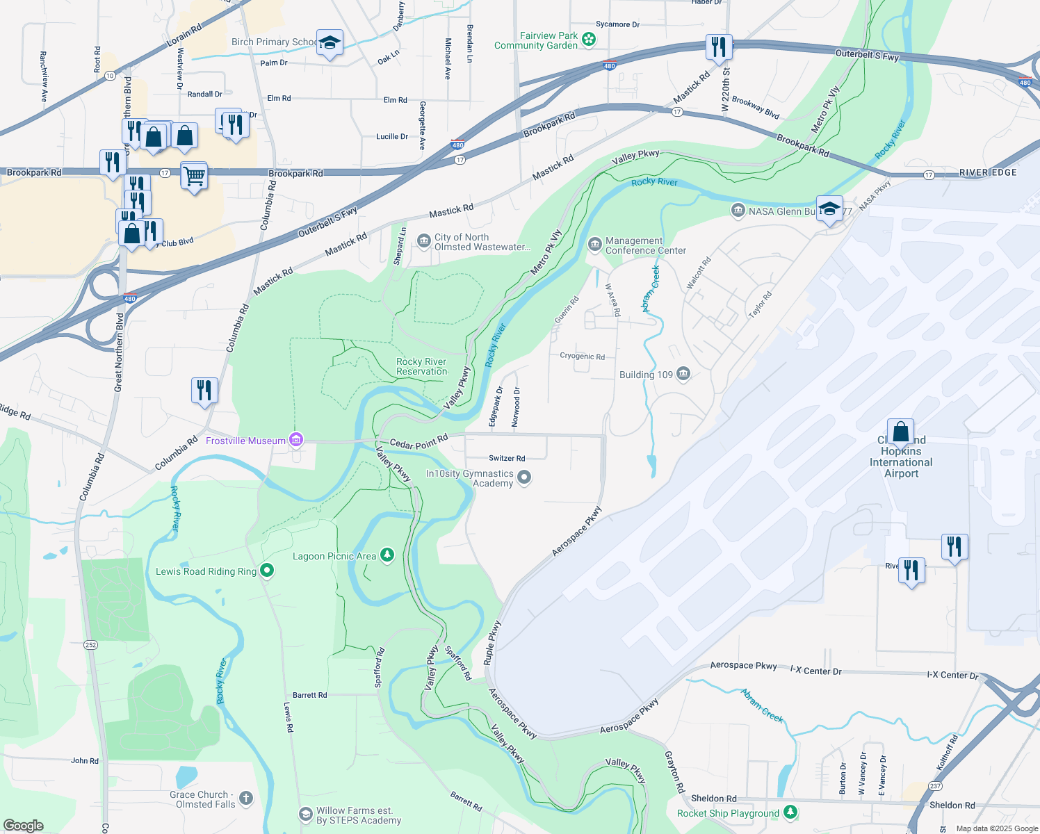 map of restaurants, bars, coffee shops, grocery stores, and more near 5777 Norwood Drive in Brook Park