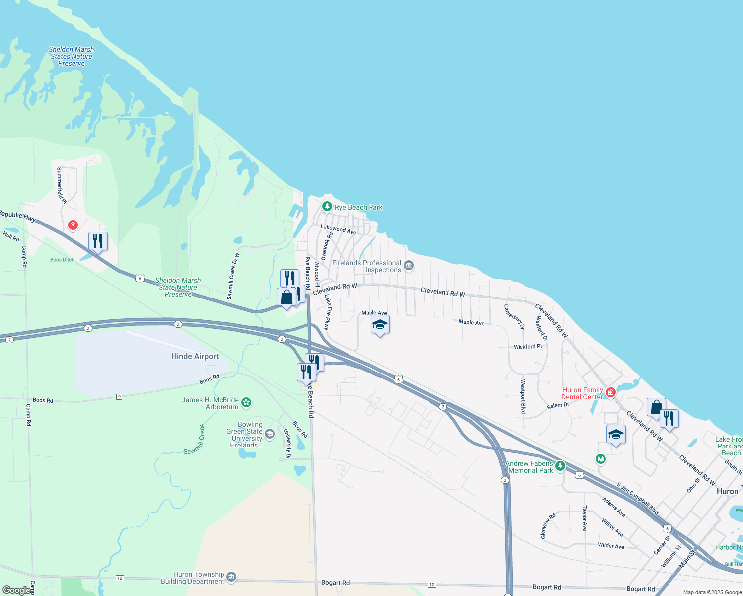 map of restaurants, bars, coffee shops, grocery stores, and more near 310 Buckeye Road in Huron