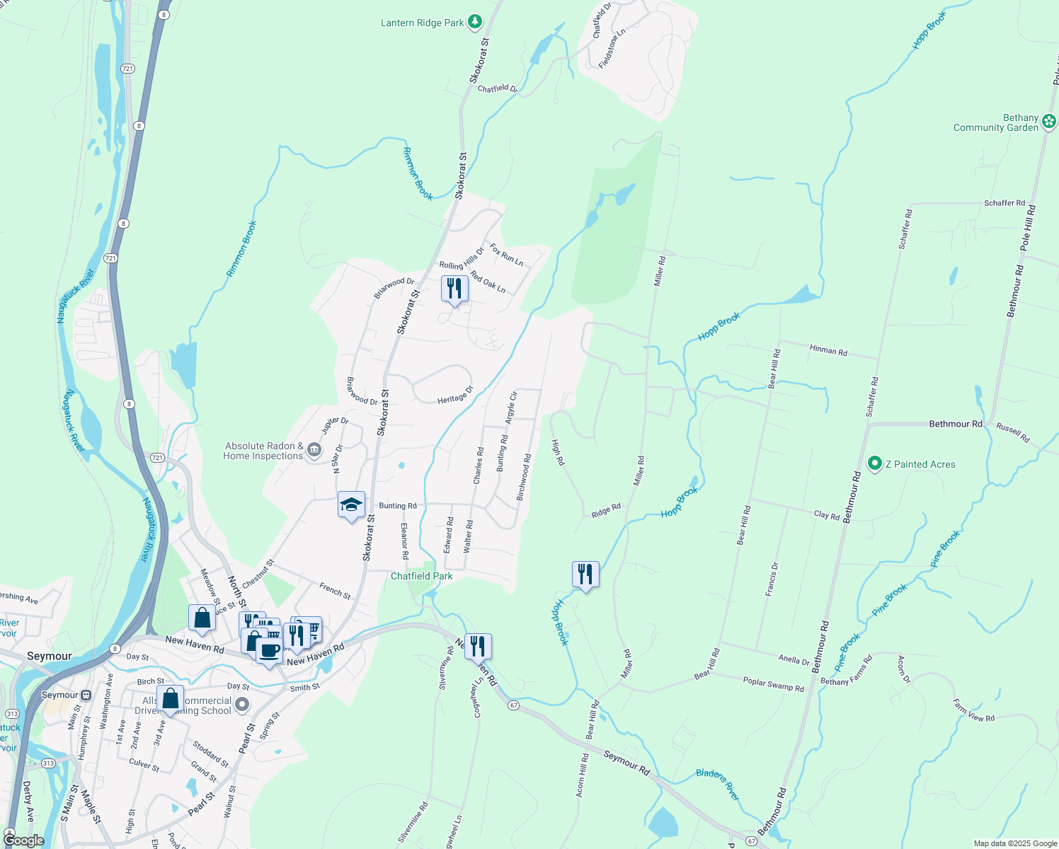 map of restaurants, bars, coffee shops, grocery stores, and more near 6 Anne Avenue in Seymour