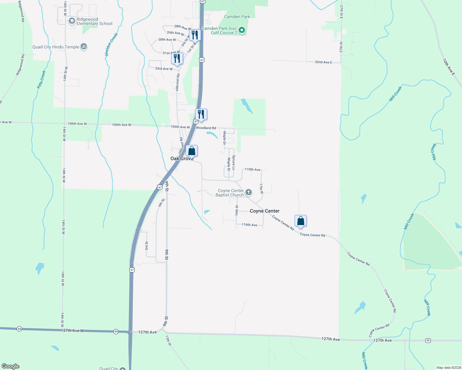 map of restaurants, bars, coffee shops, grocery stores, and more near 1520 Coyne Center Road in Milan