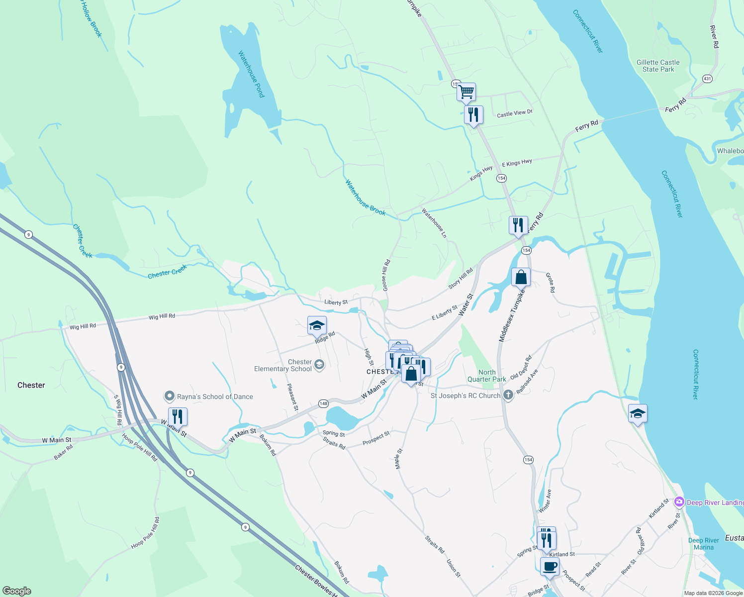 map of restaurants, bars, coffee shops, grocery stores, and more near 7 Liberty Street in Chester