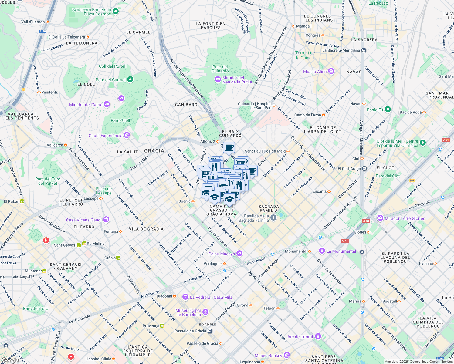 map of restaurants, bars, coffee shops, grocery stores, and more near 420 Carrer de Sardenya in Barcelona