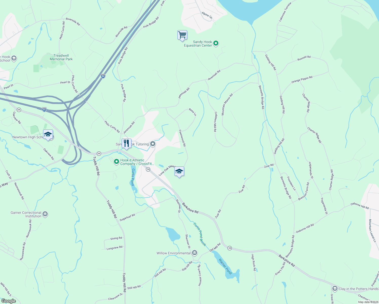 map of restaurants, bars, coffee shops, grocery stores, and more near 23 Fawnwood Road in Newtown