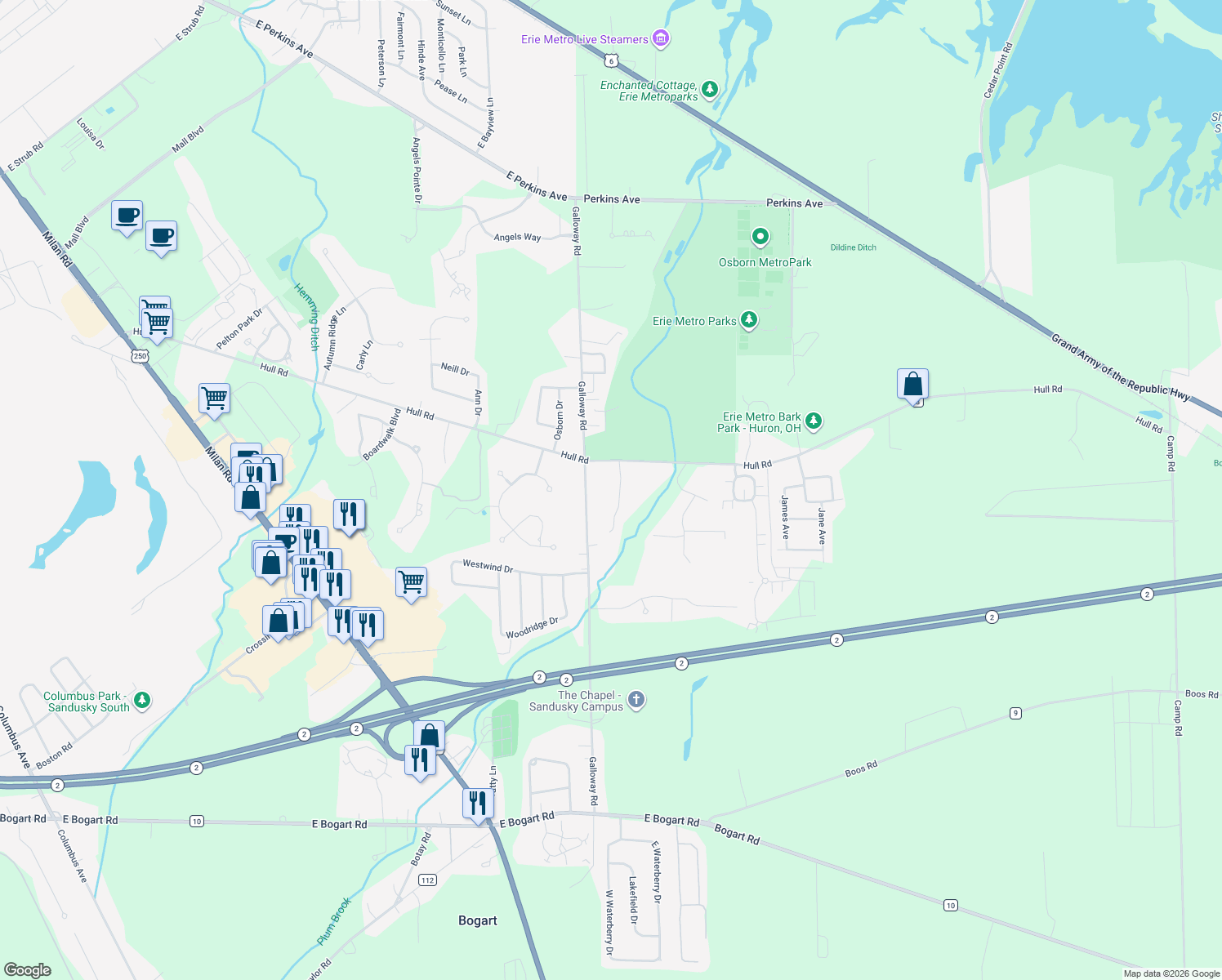 map of restaurants, bars, coffee shops, grocery stores, and more near 3817 Autumn Dr in Huron