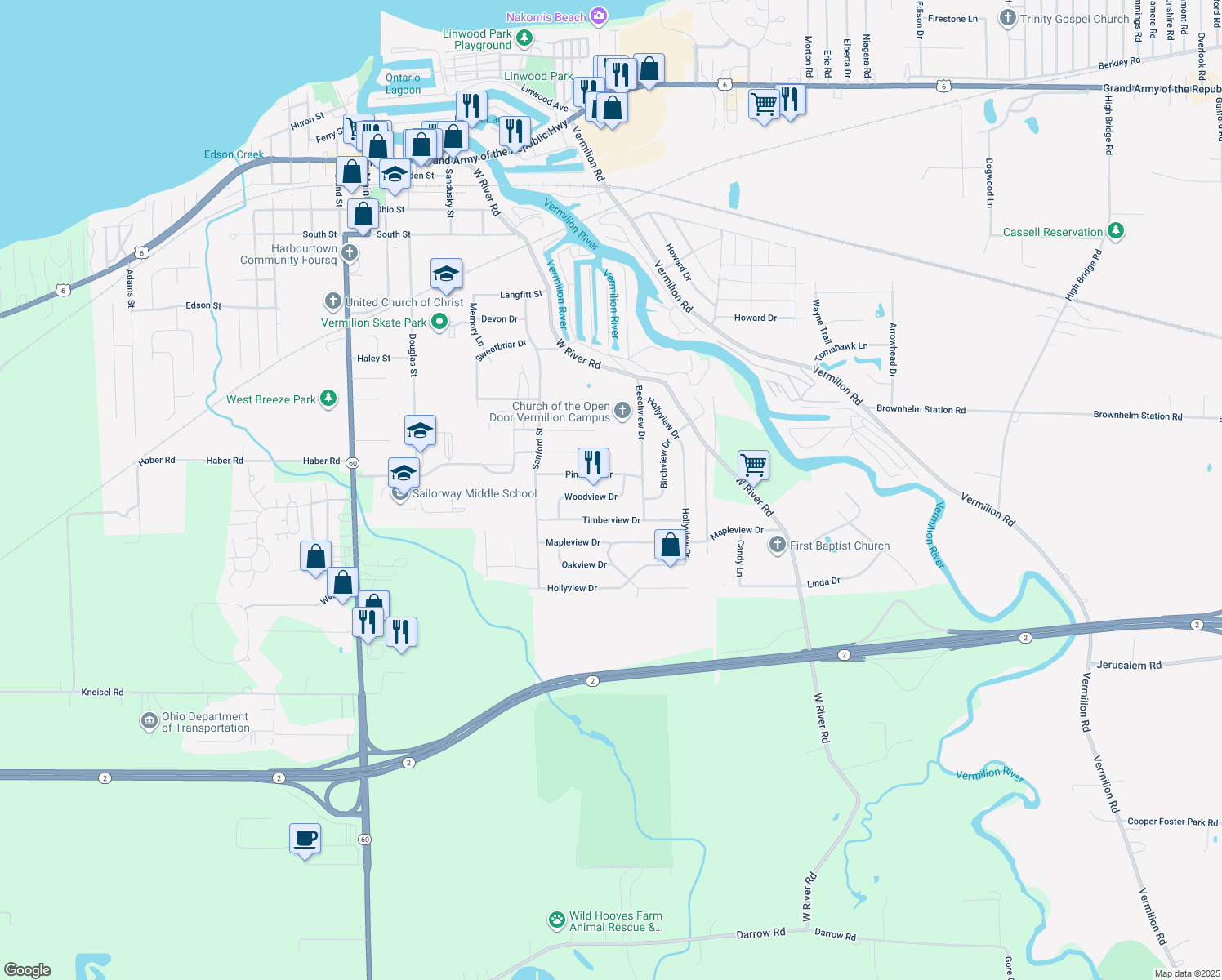 map of restaurants, bars, coffee shops, grocery stores, and more near 4874 Woodview Drive in Vermilion