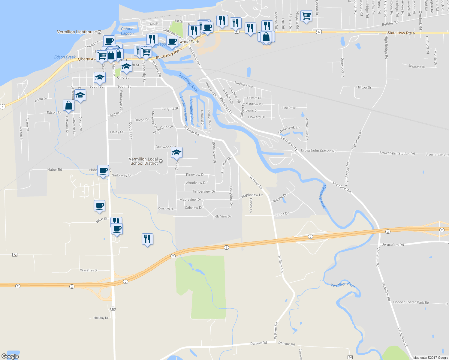 map of restaurants, bars, coffee shops, grocery stores, and more near 1367 Birchview Drive in Vermilion