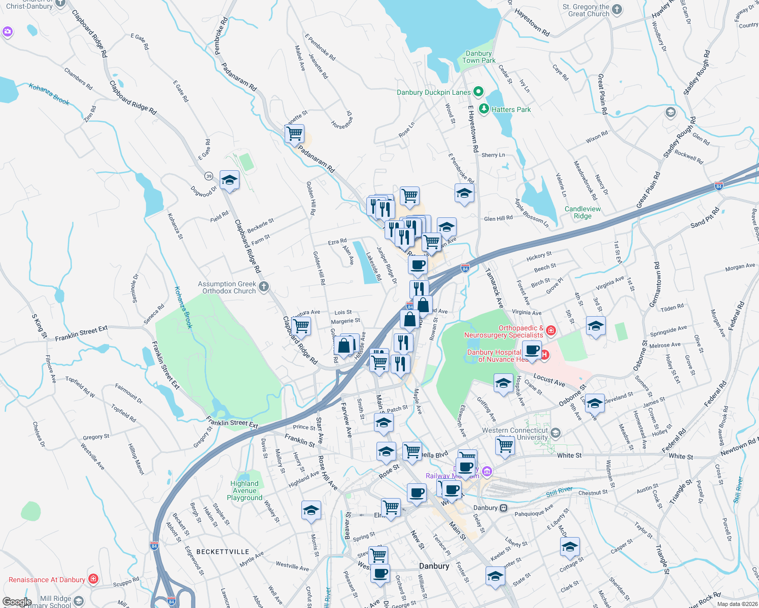 map of restaurants, bars, coffee shops, grocery stores, and more near 8 Juniper Ridge Dr in Danbury