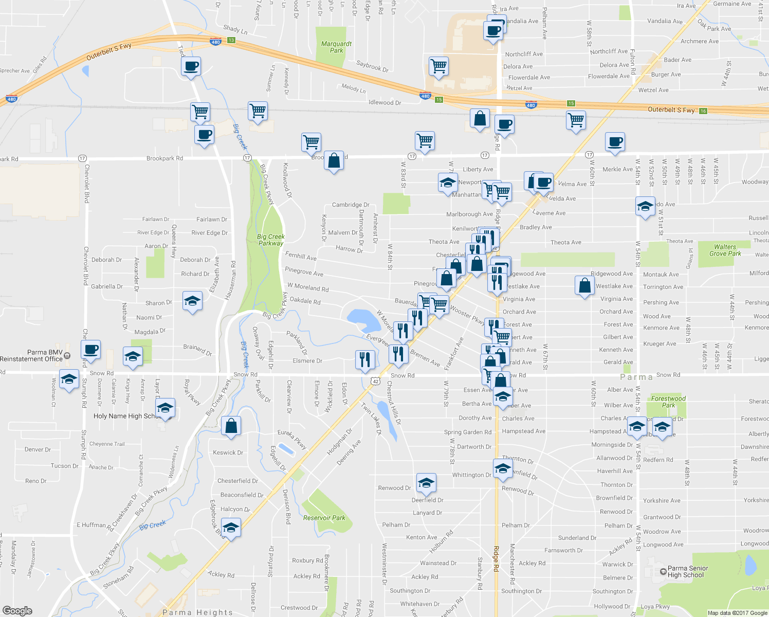 map of restaurants, bars, coffee shops, grocery stores, and more near 8426 Greenlawn Ave in Parma