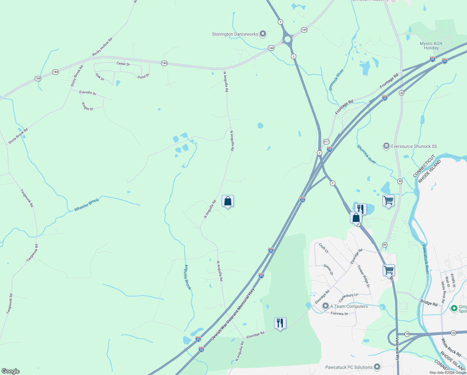 map of restaurants, bars, coffee shops, grocery stores, and more near 404 North Anguilla Road in Stonington