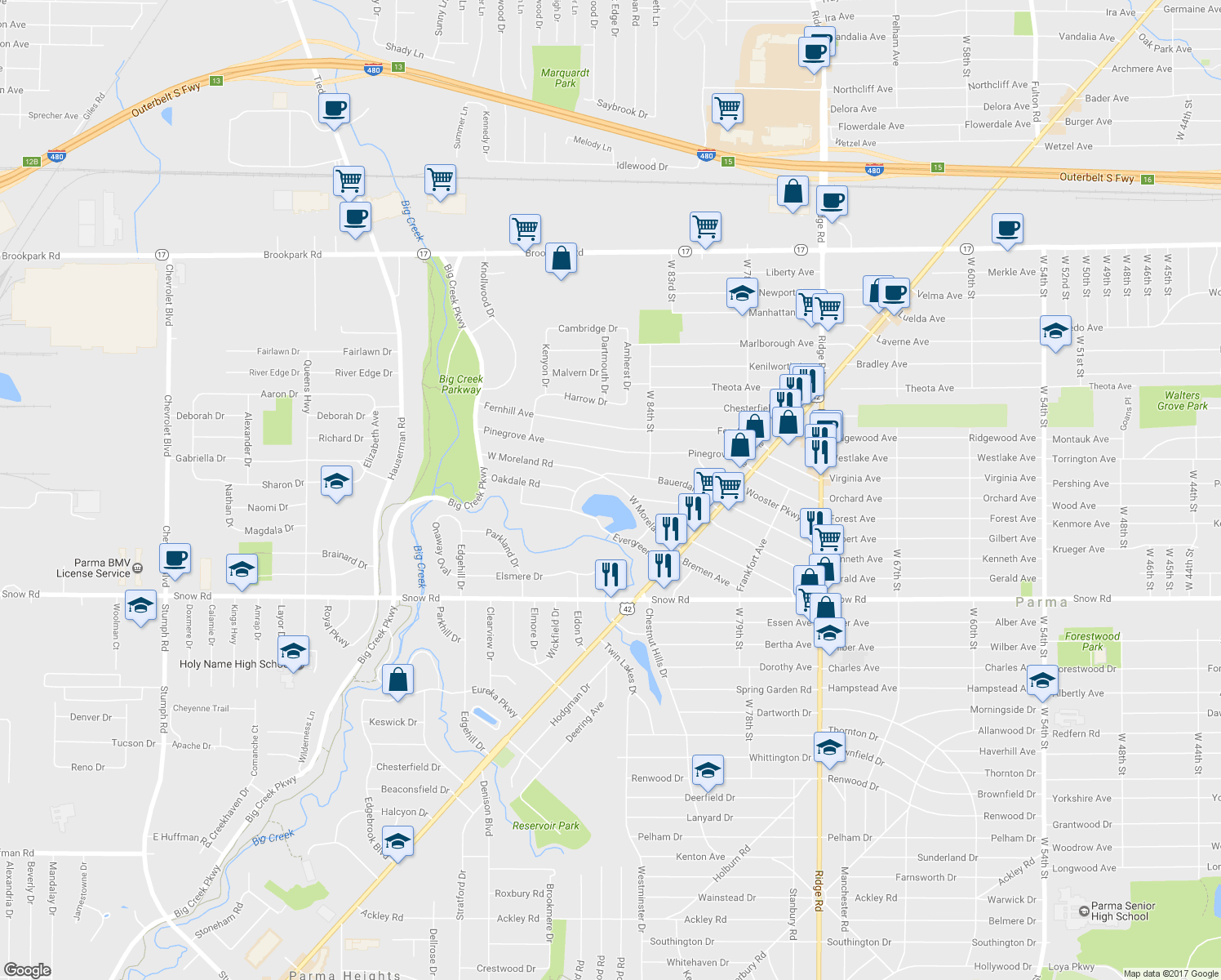 map of restaurants, bars, coffee shops, grocery stores, and more near 8711 West Moreland Road in Parma