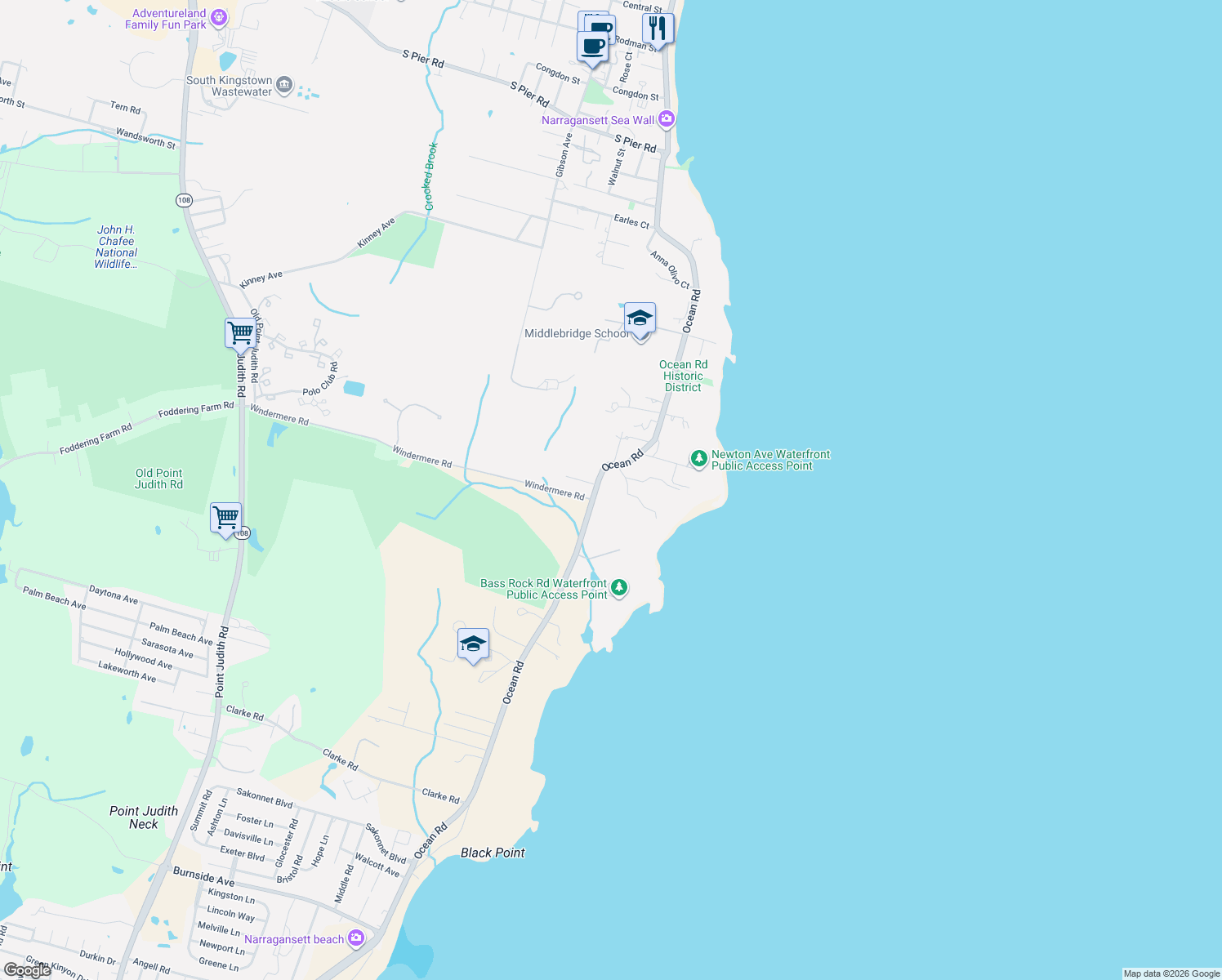 map of restaurants, bars, coffee shops, grocery stores, and more near 460 Ocean Road in Narragansett