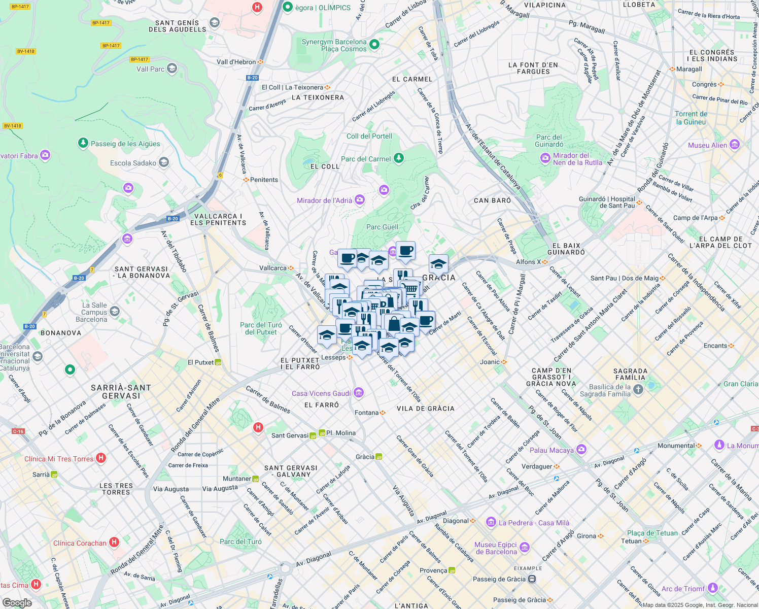 map of restaurants, bars, coffee shops, grocery stores, and more near 50 Carrer Maignon in Barcelona