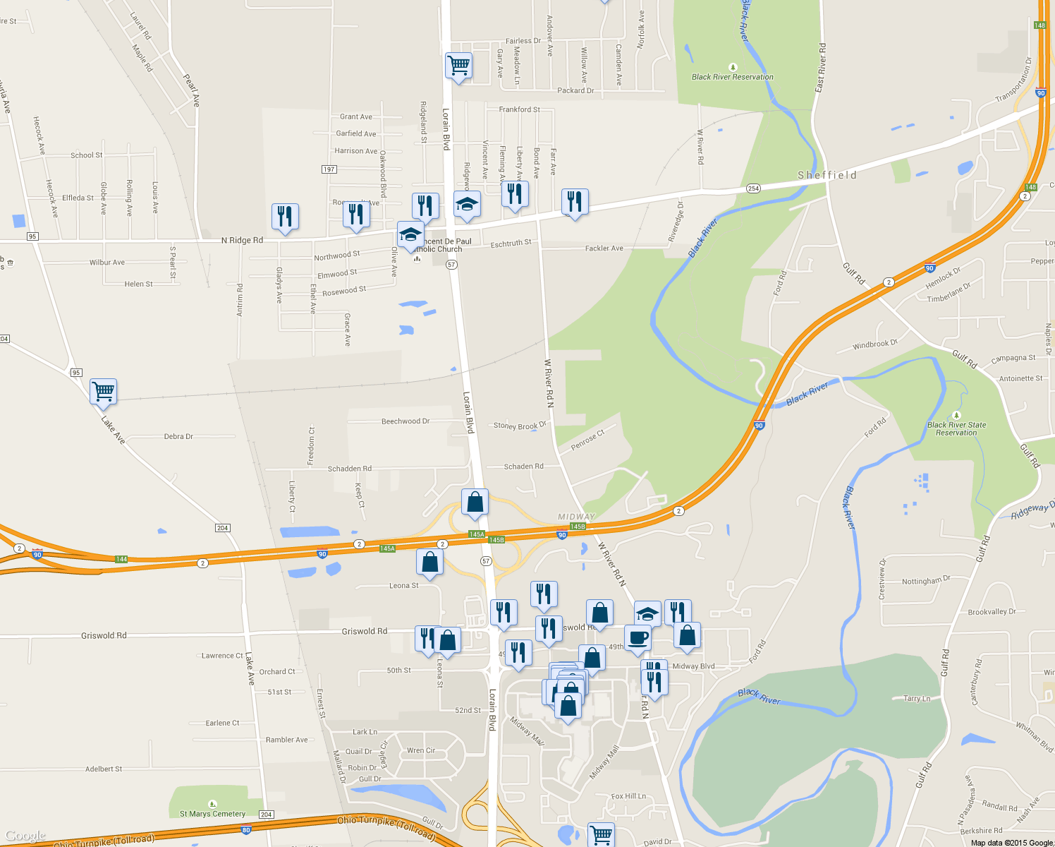 map of restaurants, bars, coffee shops, grocery stores, and more near 147 Stoney Brook Dr in Elyria