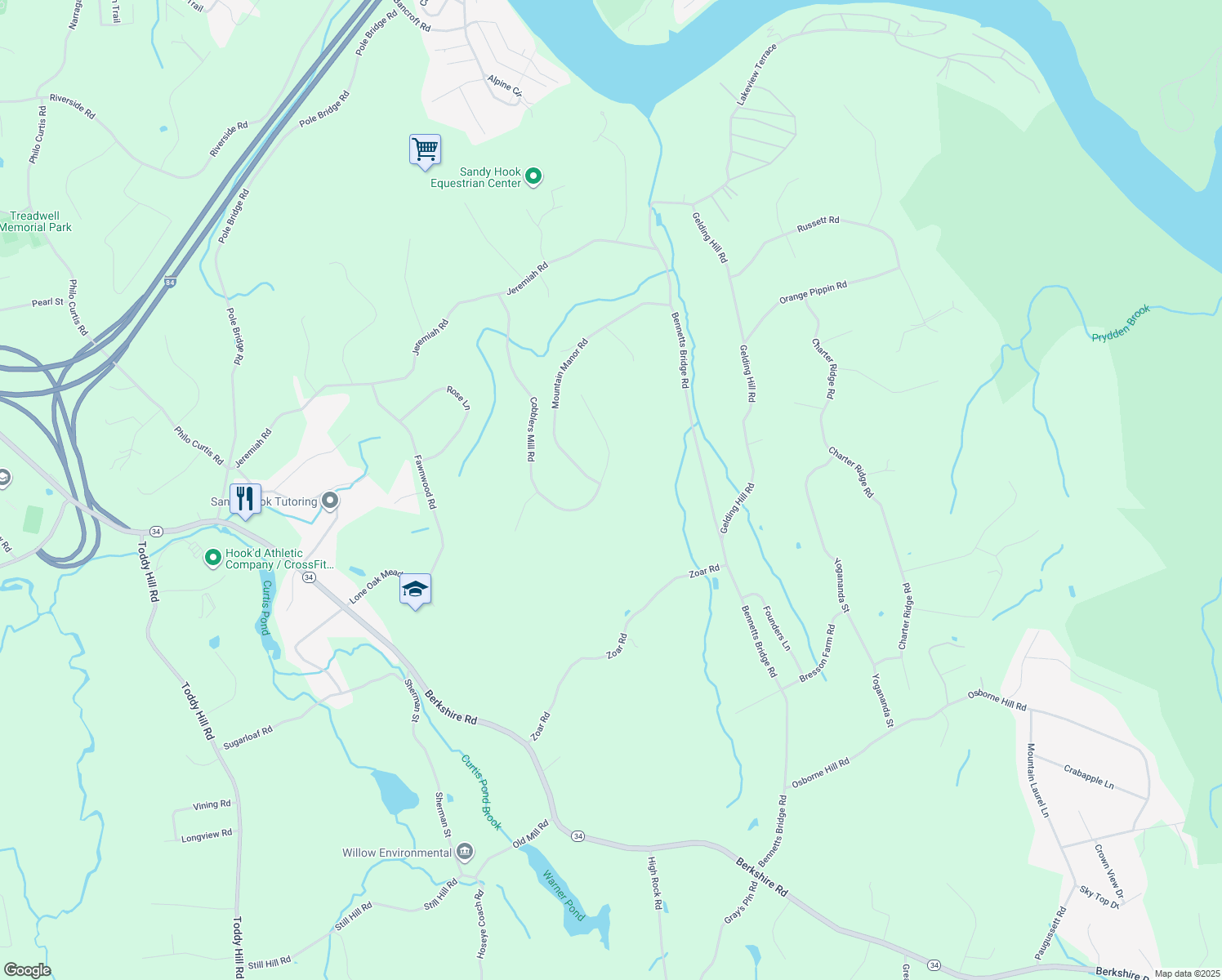 map of restaurants, bars, coffee shops, grocery stores, and more near 42 Cobblers Mill Road in Newtown