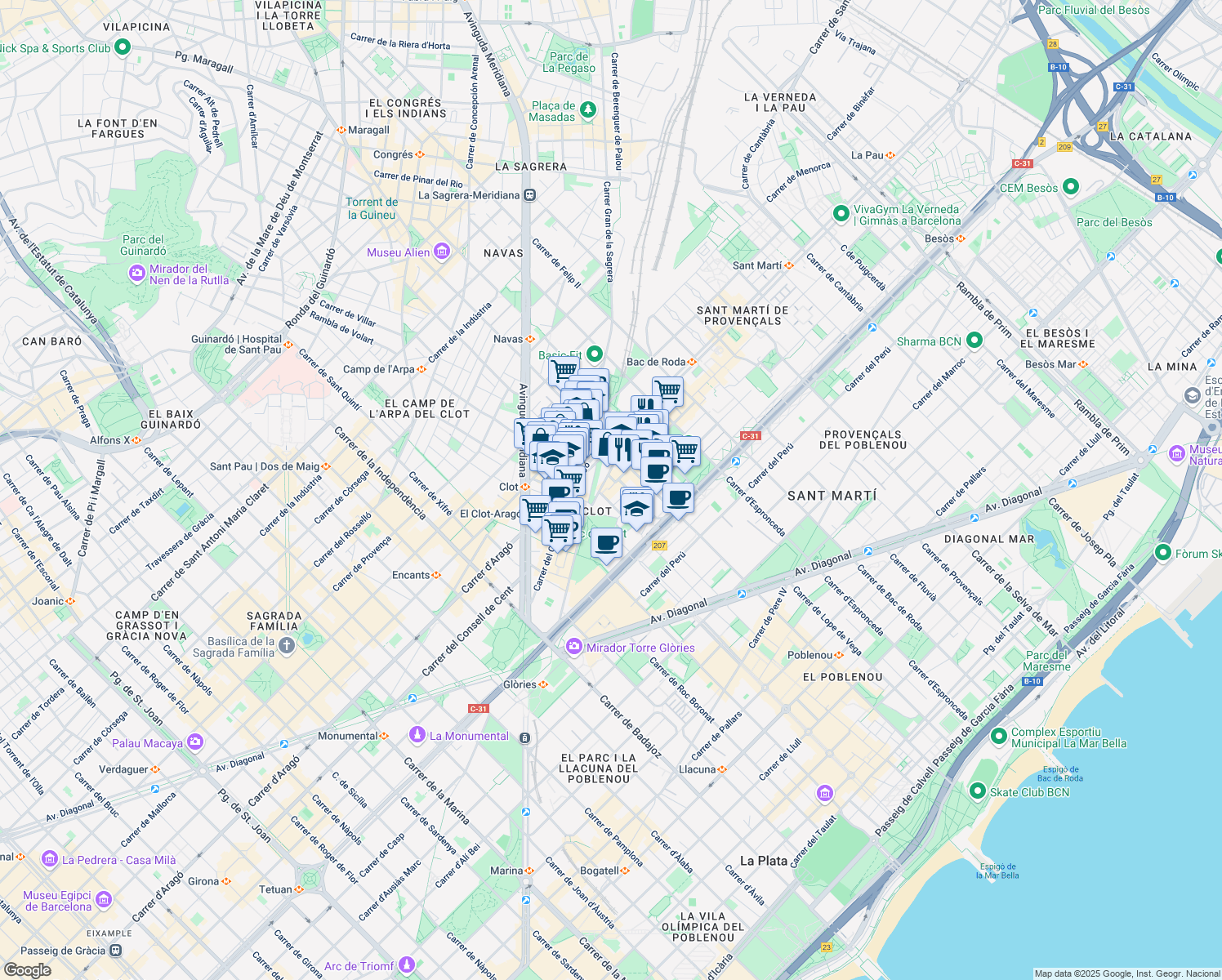 map of restaurants, bars, coffee shops, grocery stores, and more near 8 Carrer del Concili de Trento in Barcelona