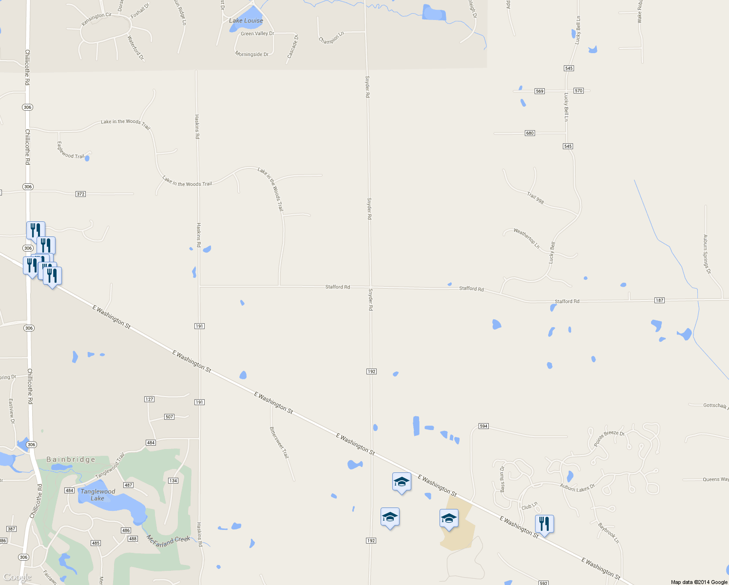 map of restaurants, bars, coffee shops, grocery stores, and more near 16860 Snyder Road in Chagrin Falls