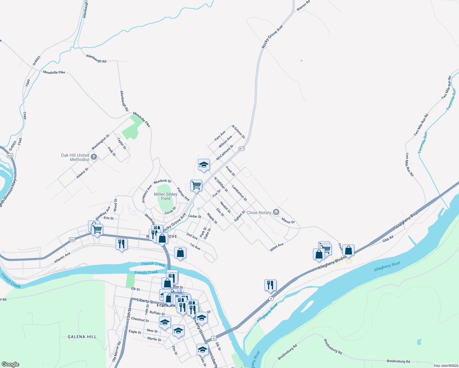 map of restaurants, bars, coffee shops, grocery stores, and more near 104 Lamberton St in Franklin