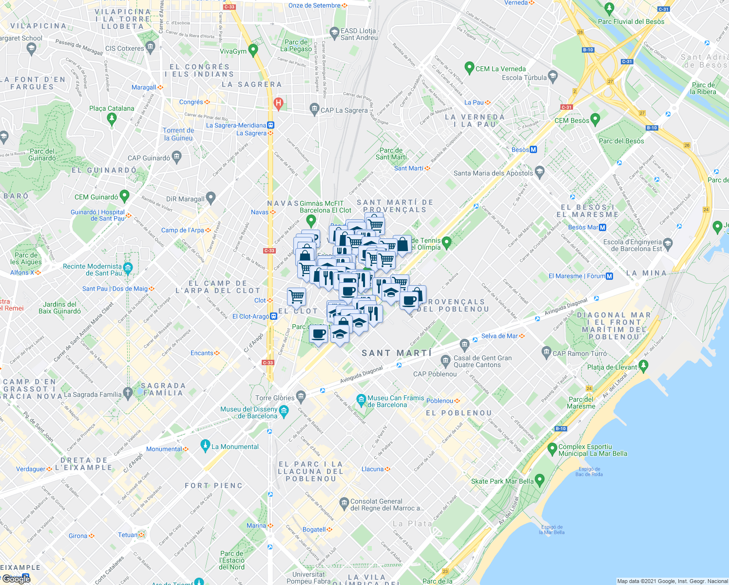 map of restaurants, bars, coffee shops, grocery stores, and more near 248 Carrer de Lope de Vega in Barcelona