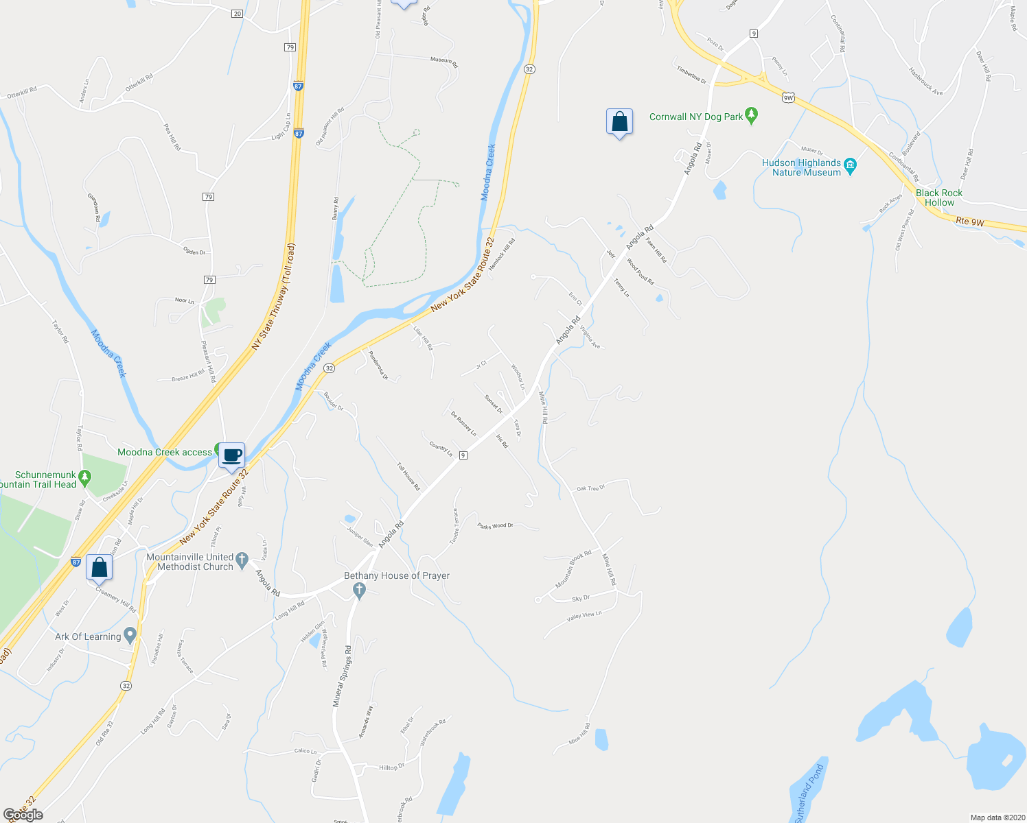 map of restaurants, bars, coffee shops, grocery stores, and more near 398 Angola Road in Cornwall