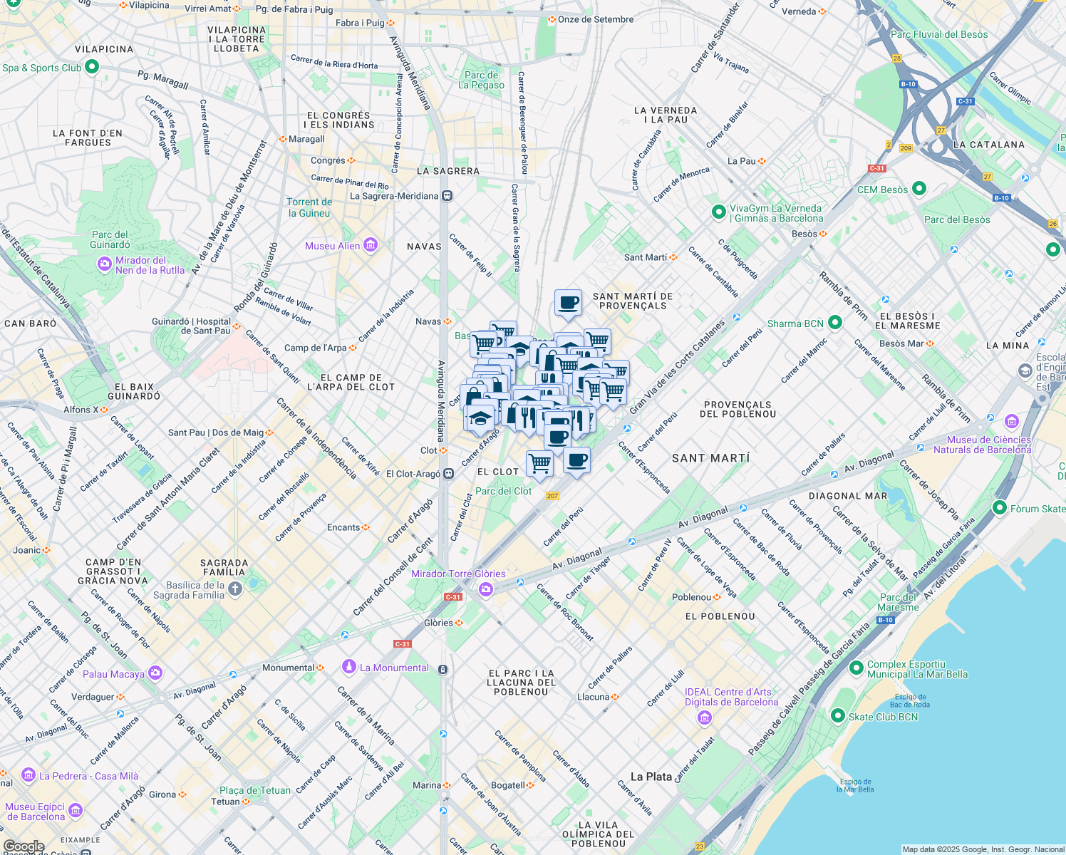 map of restaurants, bars, coffee shops, grocery stores, and more near 48 Carrer del Concili de Trento in Barcelona