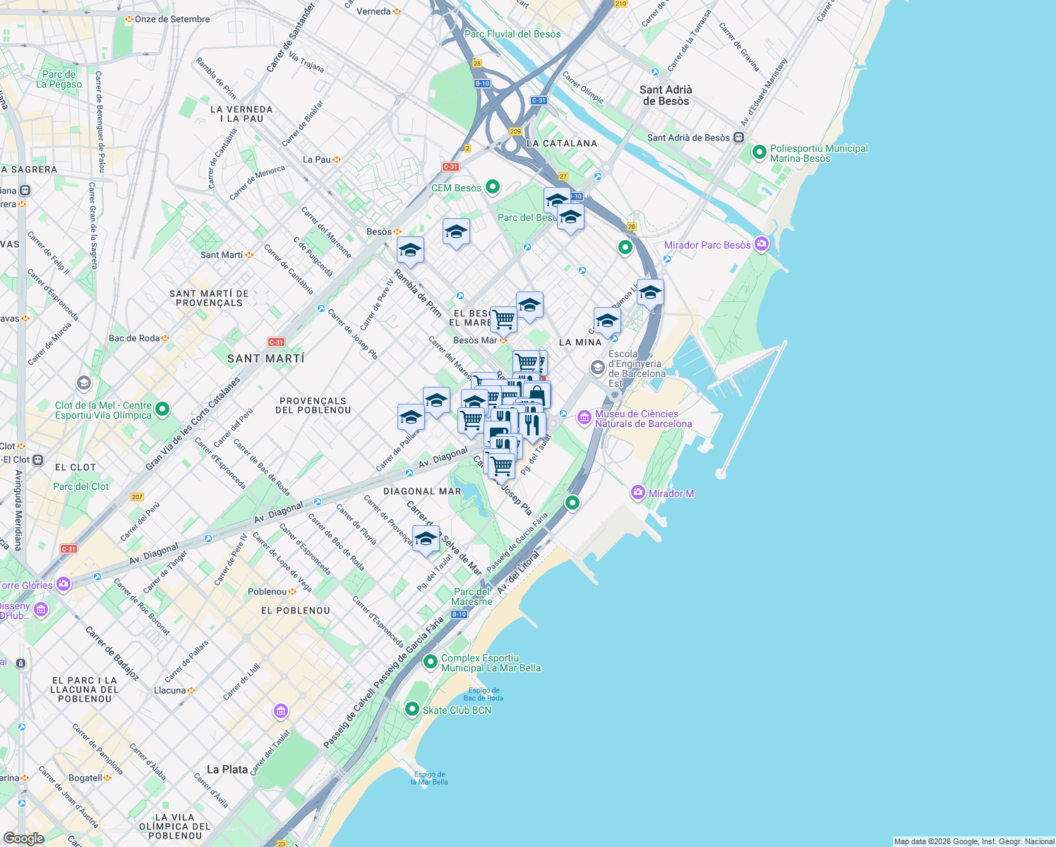 map of restaurants, bars, coffee shops, grocery stores, and more near 8 Avinguda Diagonal in Barcelona