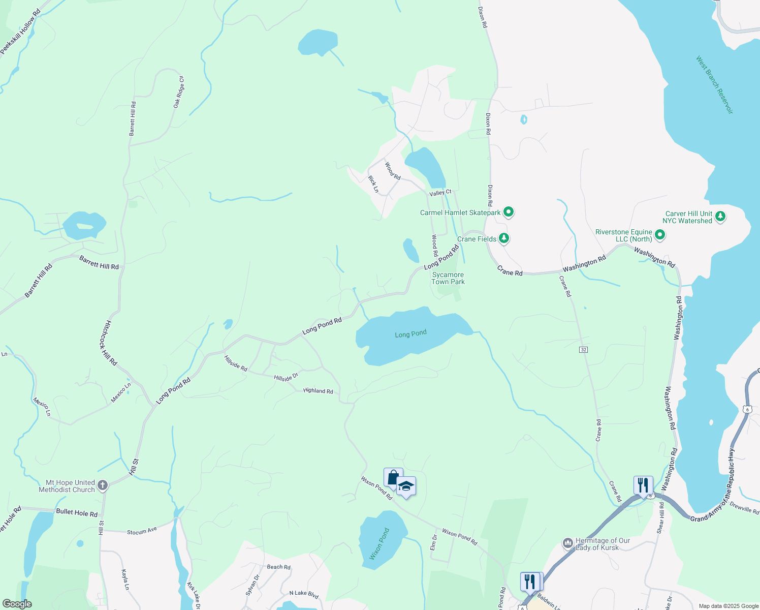map of restaurants, bars, coffee shops, grocery stores, and more near 21 Blueberry Hill Road in Mahopac